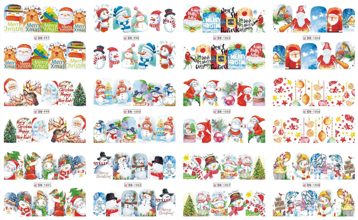A collection of festive Christmas water transfer nail art stickers featuring Santa Claus, snowmen, reindeer, and holiday scen