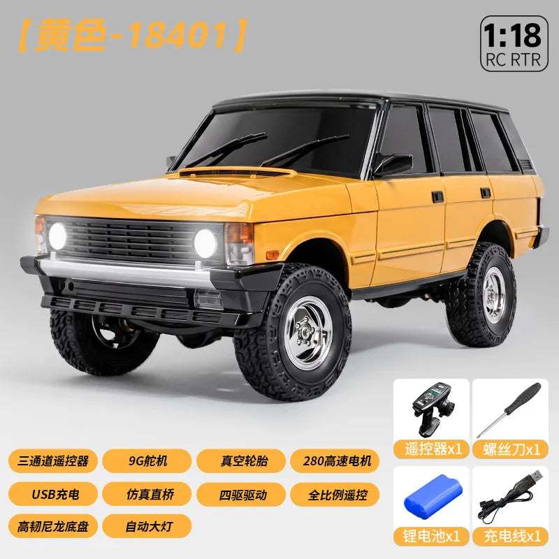 A yellow 1:18 scale RC crawler truck with a black roof and front bumper, shown in a side profile.