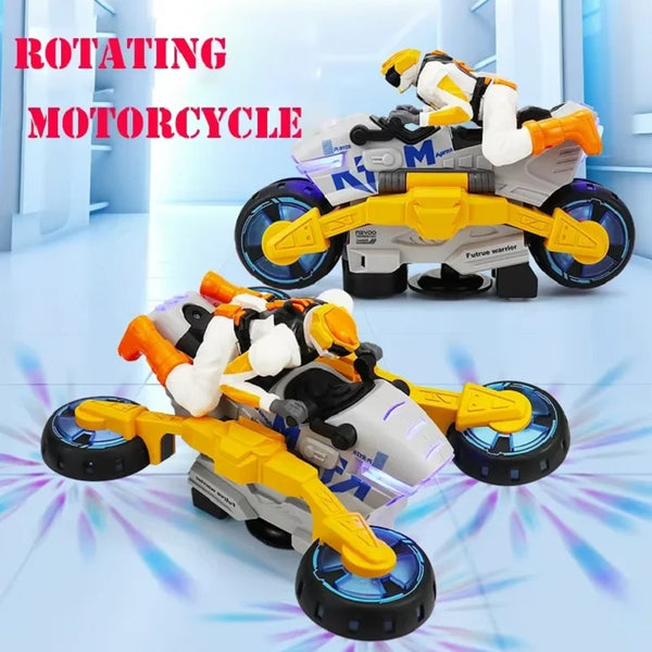 A yellow and white transforming motorcycle toy is shown rotating in a bright blue environment.