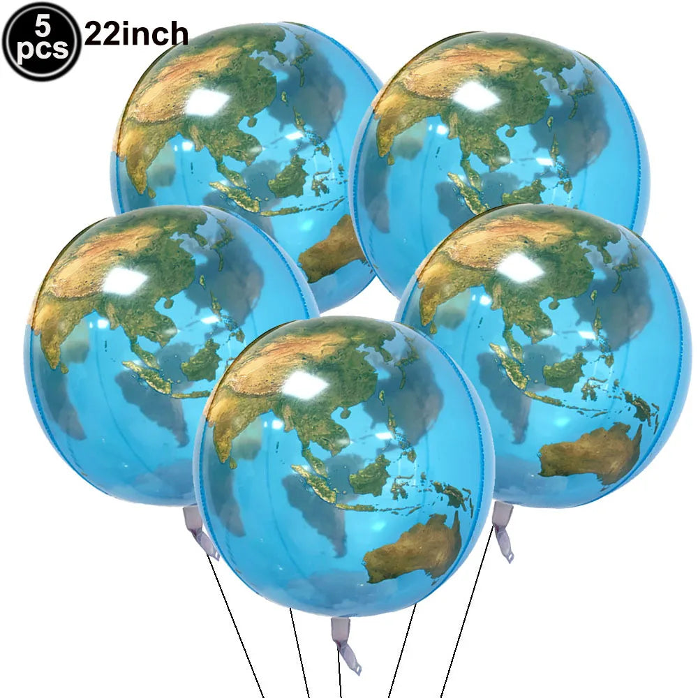 Five 22 inch foil balloons shaped like Earths for a birthday party decor