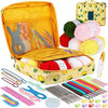 A yellow organizer case containing a 59-piece beginner crochet kit with various colored yarn and tools.