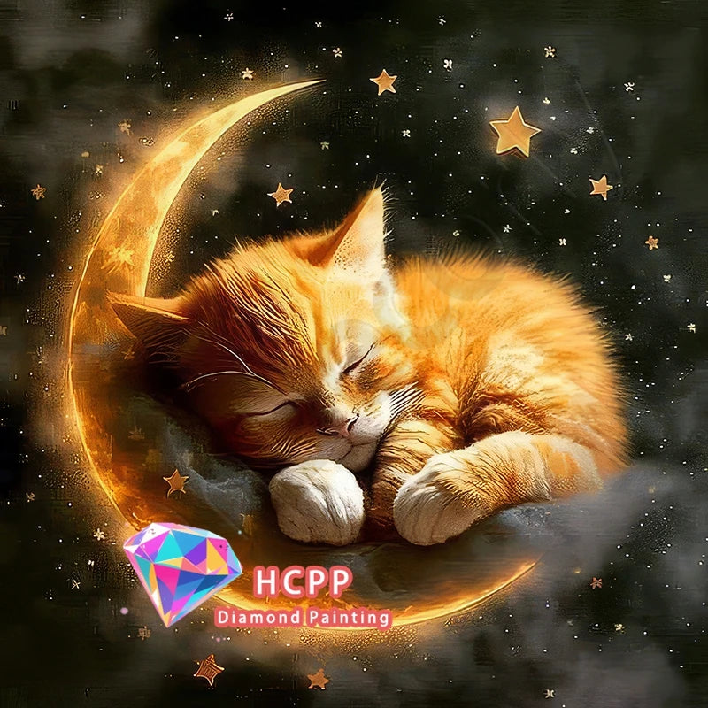 A golden orange kitten sleeping under a crescent moon with stars in a dark background for a diamond painting kit.