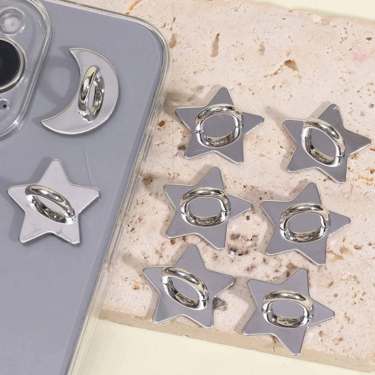 Silver star and crescent moon decorative phone charm hooks with adhesive backing