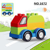 A red and green construction vehicle building block set with large wheels on a road.