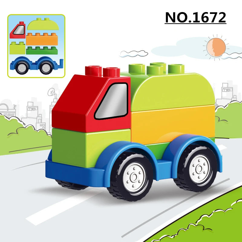A red and green construction vehicle building block set with large wheels on a road.