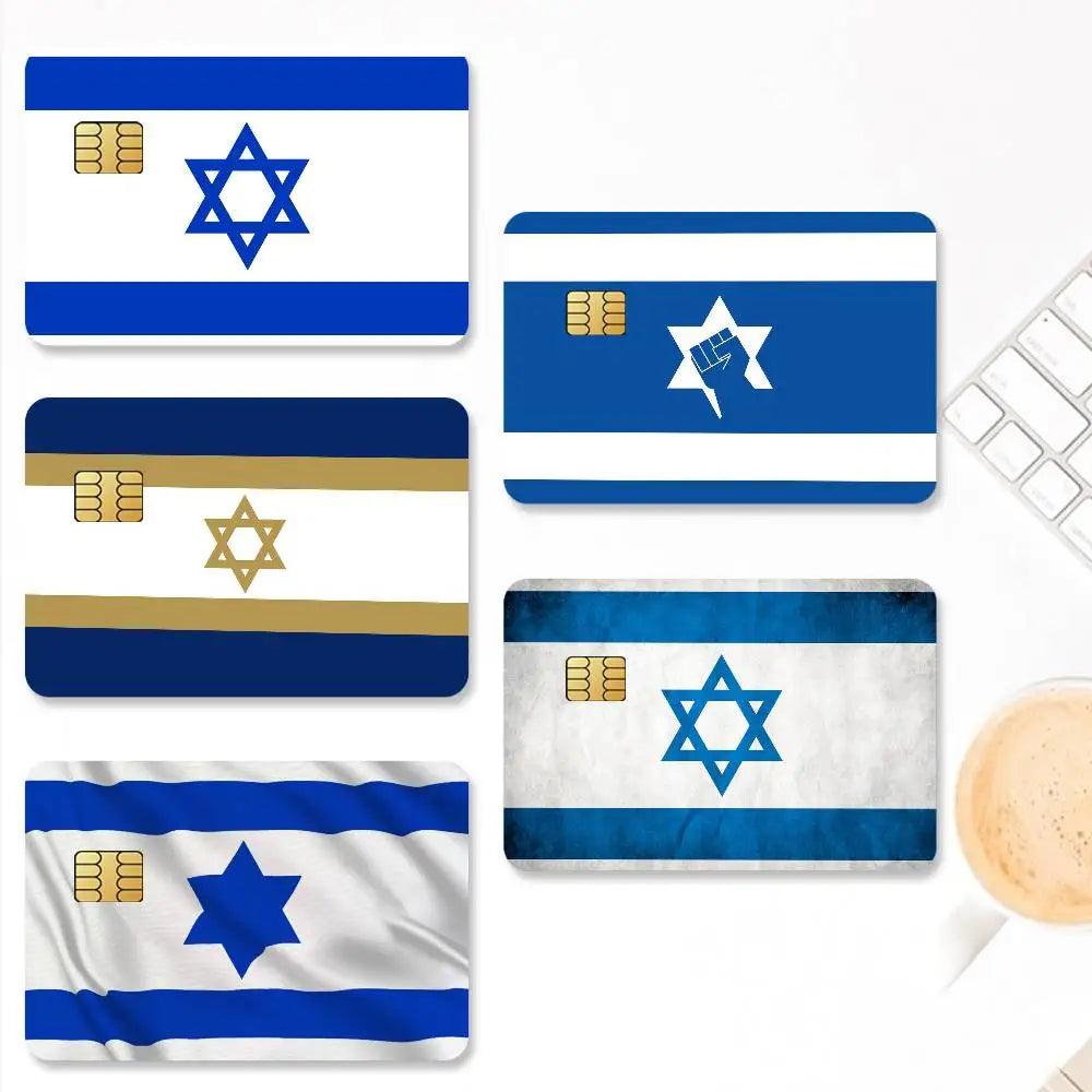 A set of four flag designs featuring the Israeli flag, including variations with credit card elements.