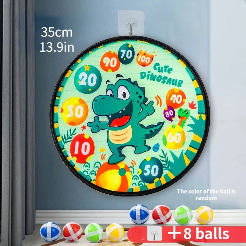 A circular cloth dart board featuring a cute dinosaur design with numbered colored balls for kids