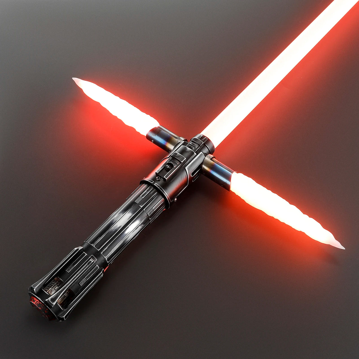 A customizable lightsaber hilt with a glowing red blade crossed in an X shape against a dark background.