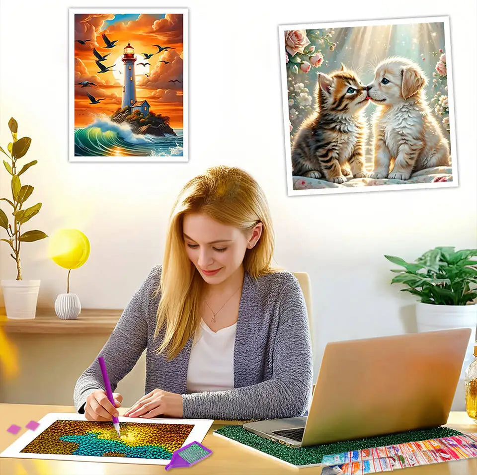 A woman is painting a diamond painting on a canvas with a laptop nearby.