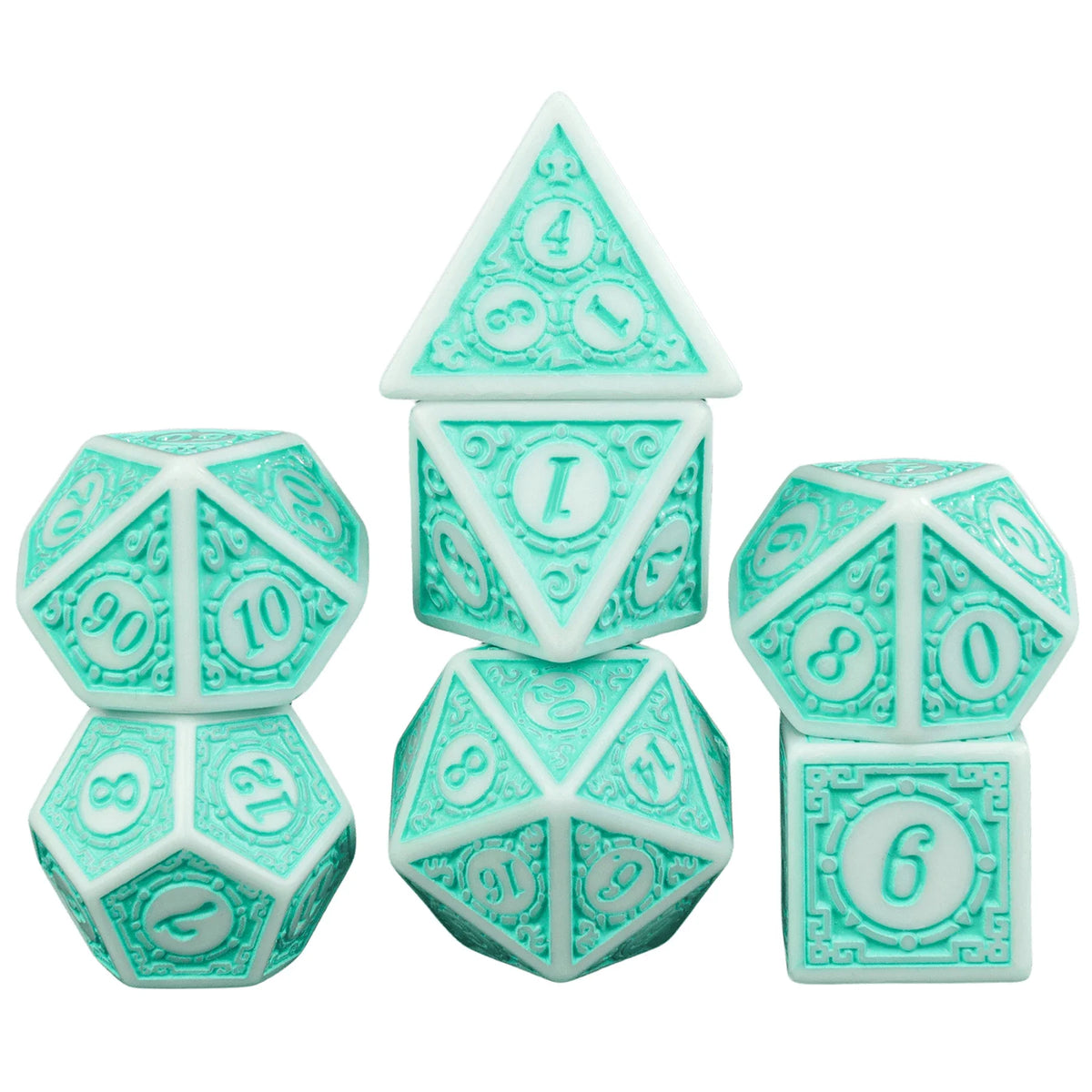 A set of polyhedral dice in a mint green color, including a tetrahedron, octahedron, and dodecahedron.