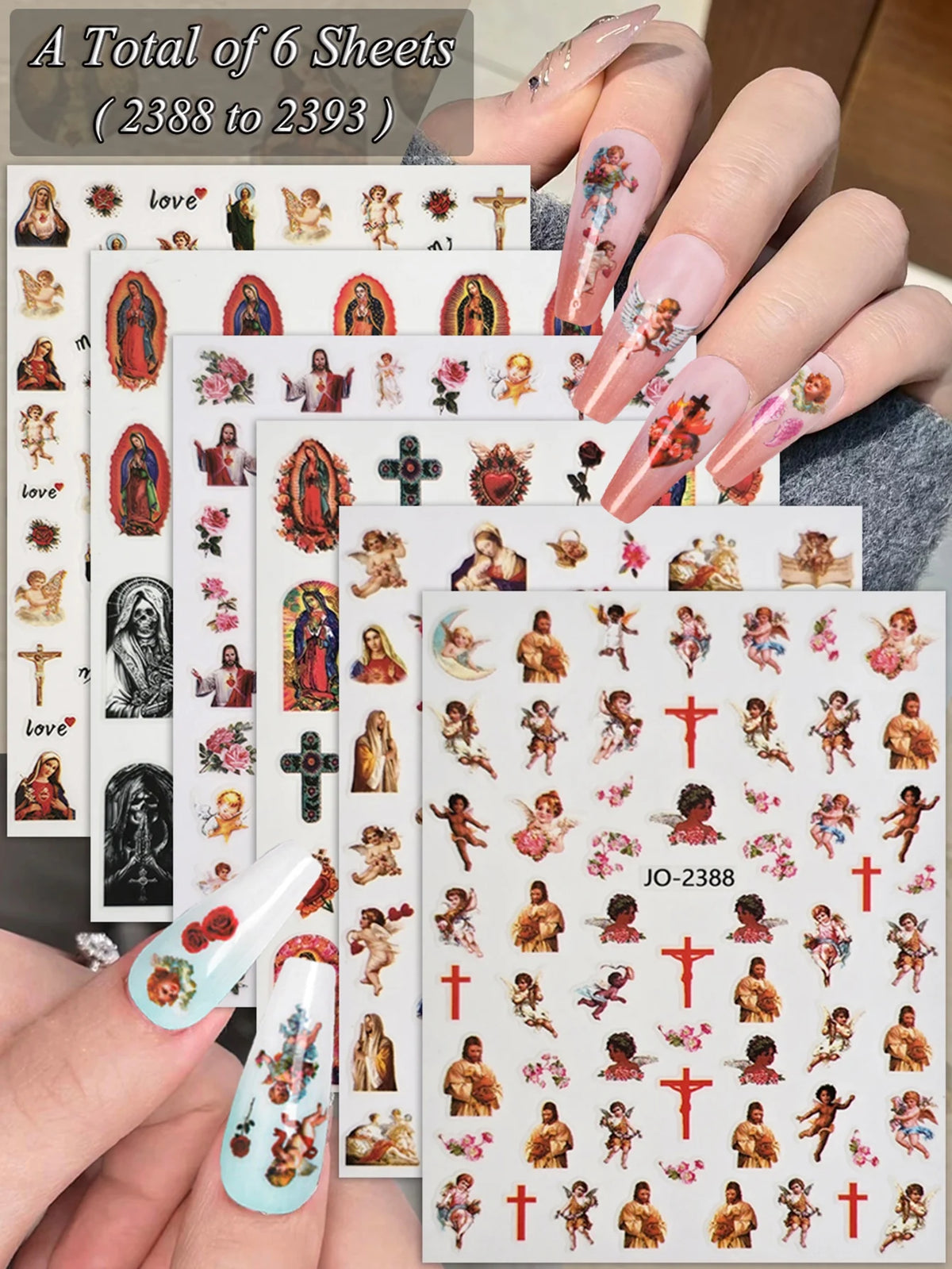 A total of 6 sheets of vintage angel and saint nail art stickers featuring cherubs and crosses
