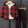 Toddler boys plaid print fleece-lined hooded two-piece set in red and black plaid.