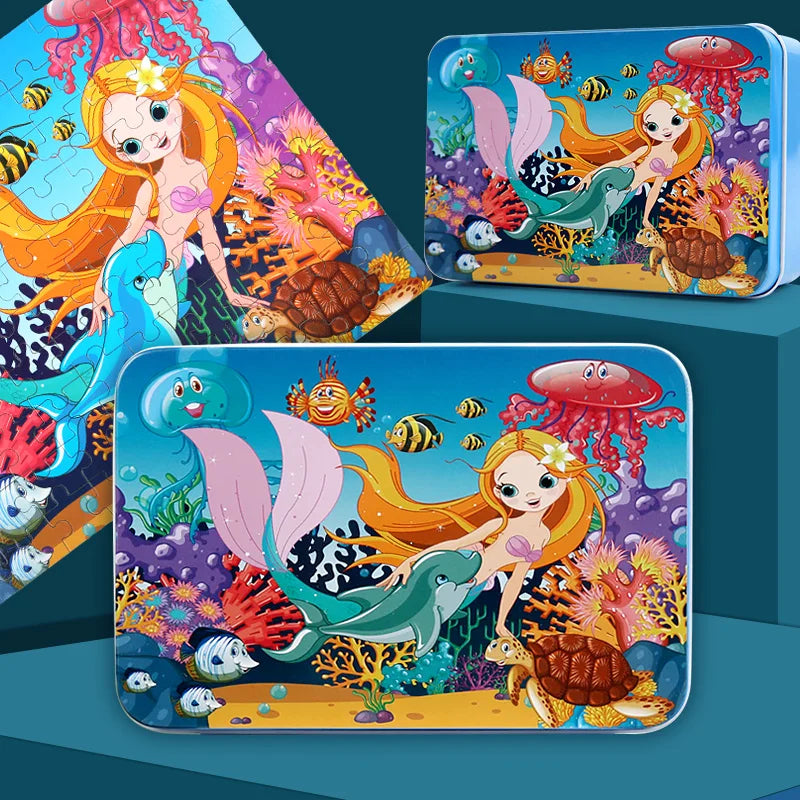 A colorful jigsaw puzzle featuring animated sea creatures and animals like a mermaid, fish, and turtle.
