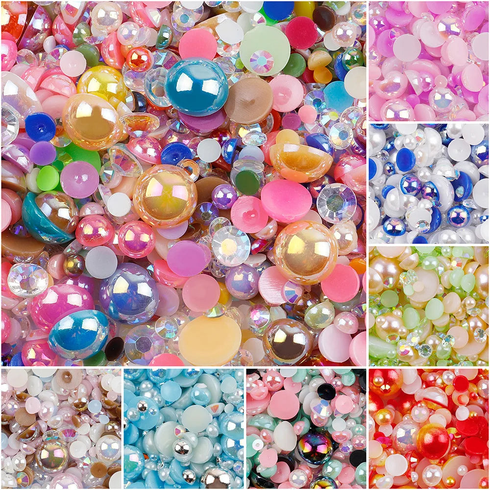 A close-up of mixed resin rhinestone pearls in various colors and finishes for crafts and nail art.