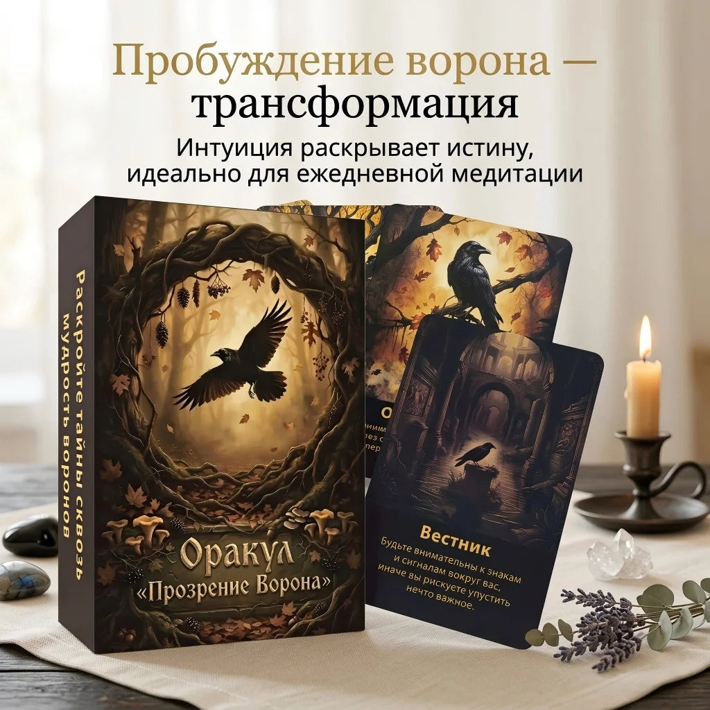 Box of Raven's Awakening Oracle Cards featuring a silhouette of a bird in a tree, used for daily meditation.