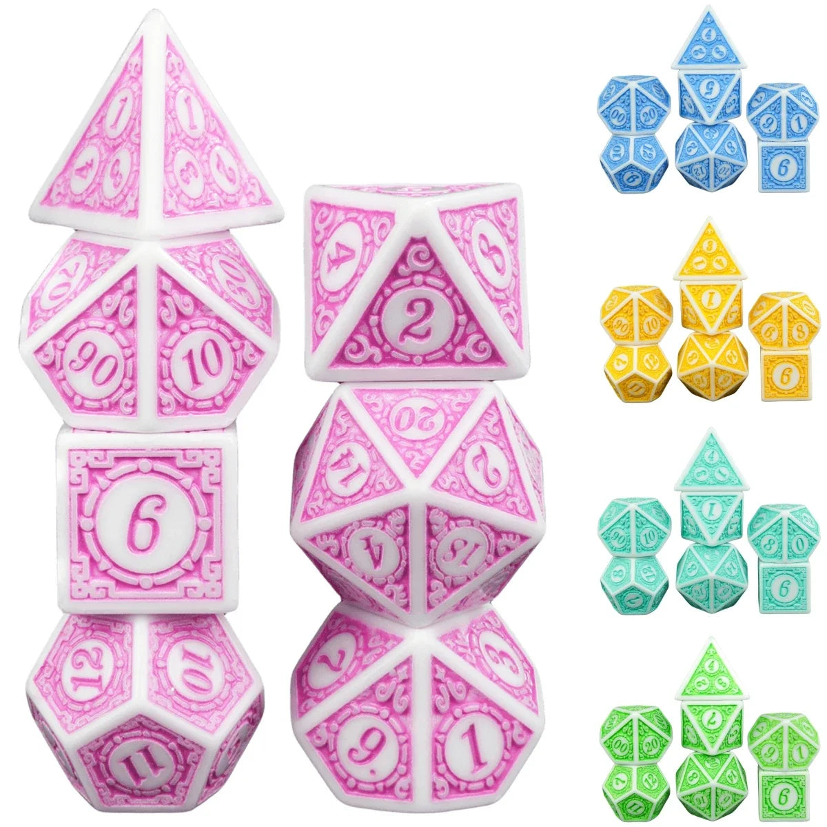 A set of pink and teal polyhedral dice including d4, d6, d8, d10, d12, d20, and d100.