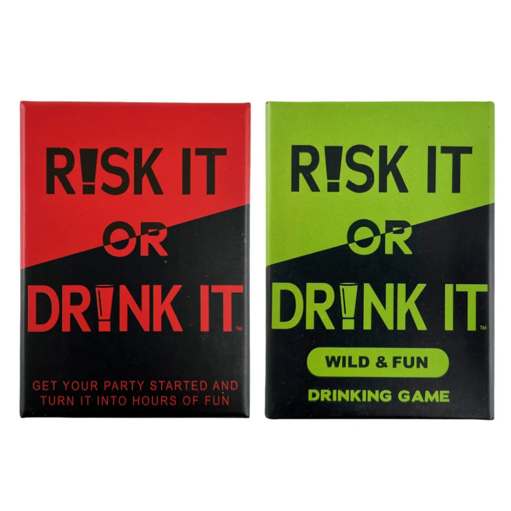 Two boxes of the Risk It or Drink It party game, one red and one green, featuring text on the cover.