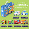 A gift box containing six large block transport puzzles including an ambulance, police car, tank car, train, fire engine, and