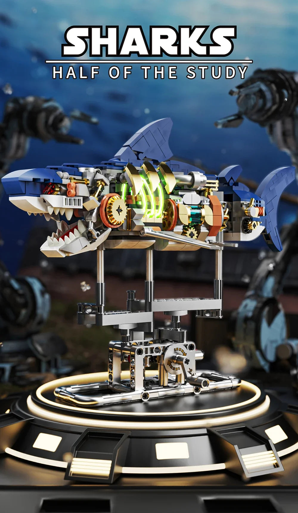 A detailed mechanical shark model built from building blocks, featuring blue and white colors, displayed on a dark surface.