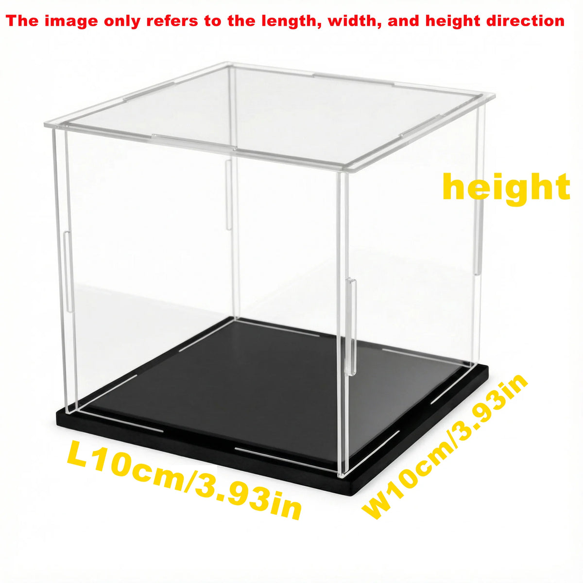 Boîte d'affichage en acrylique transparent avec une base noire montrant les dimensions de la longueur, de la largeur et de la