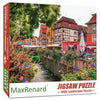 A jigsaw puzzle featuring a landscape scene with historic buildings and greenery.