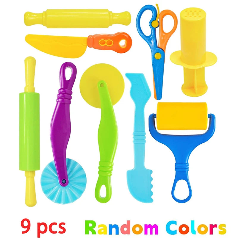 A set of nine colorful dough tools for kids including a rolling pin, cutters, and extruder.