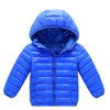 A bright blue kids hooded winter jacket with a quilted texture and zipper.