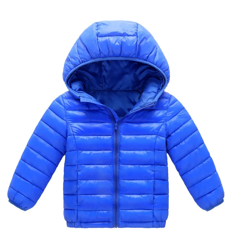 A bright blue kids hooded winter jacket with a quilted texture and zipper.