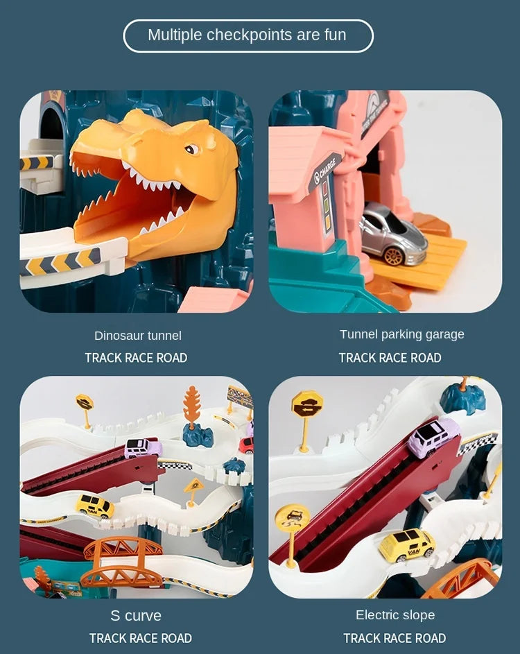 A set of dinosaur tunnel and track race road playsets featuring various tracks, including a parking garage and an electric sl