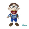 A realistic plush hand puppet of a man with glasses and a beard wearing a blue shirt and overalls.