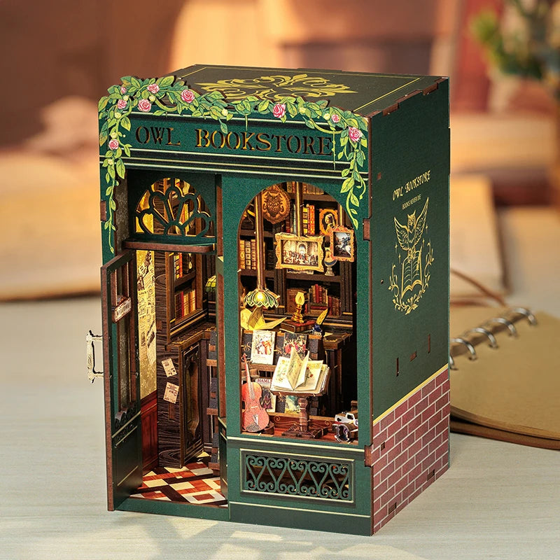 Owl Bookstore Miniature Book Nook DIY Kit with LED Lighting