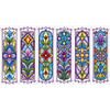A set of six colorful cross-stitch bookmarks featuring floral and geometric patterns.