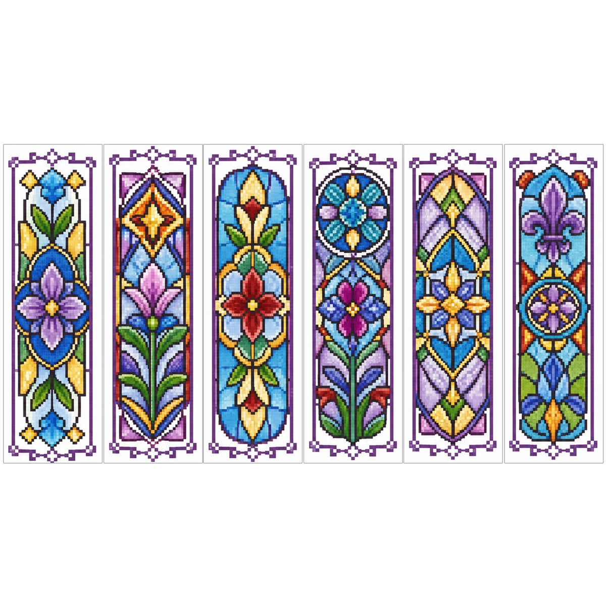 A set of six colorful cross-stitch bookmarks featuring floral and geometric patterns.
