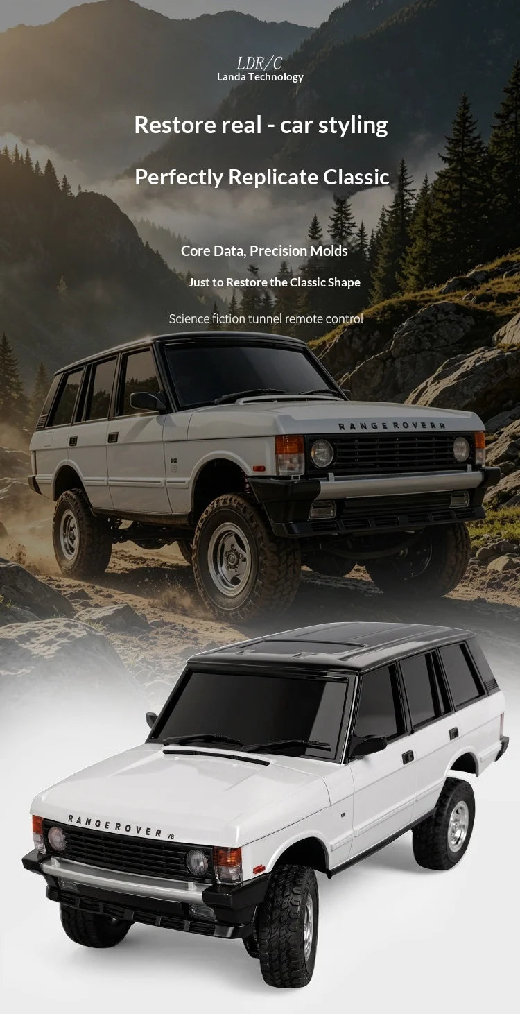A white Land Rover Range Rover model is shown in a studio setting, ready for restoration or replication.