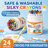 A set of 24 safe and washable silky crayons for kindergarten, including a large container and individual crayons.