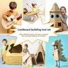 A cardboard building tool set featuring various tools and finished creations made by children.