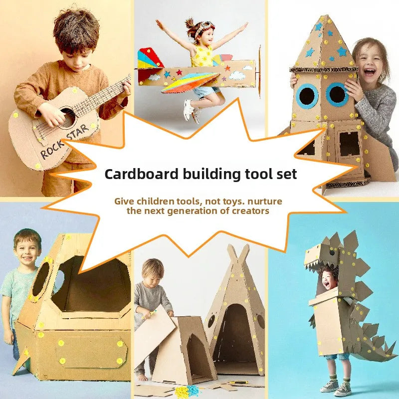 A cardboard building tool set featuring various tools and finished creations made by children.