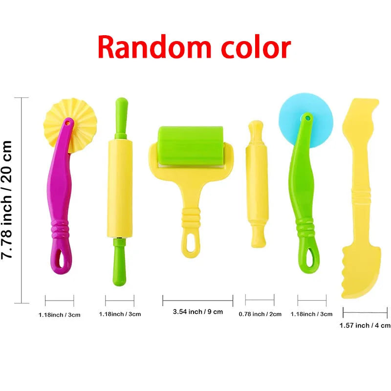 A set of colorful silicone tools for creative play dough including a pink, yellow, lime green, and blue tool.