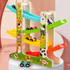 A wooden inertia race track toy set with colorful ramps and tracks for children.