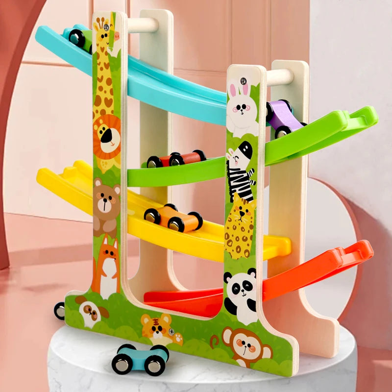 A wooden inertia race track toy set with colorful ramps and tracks for children.