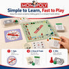 A Monopoly board game box and playing pieces are shown with instructions for spinning, drawing cards, and winning.