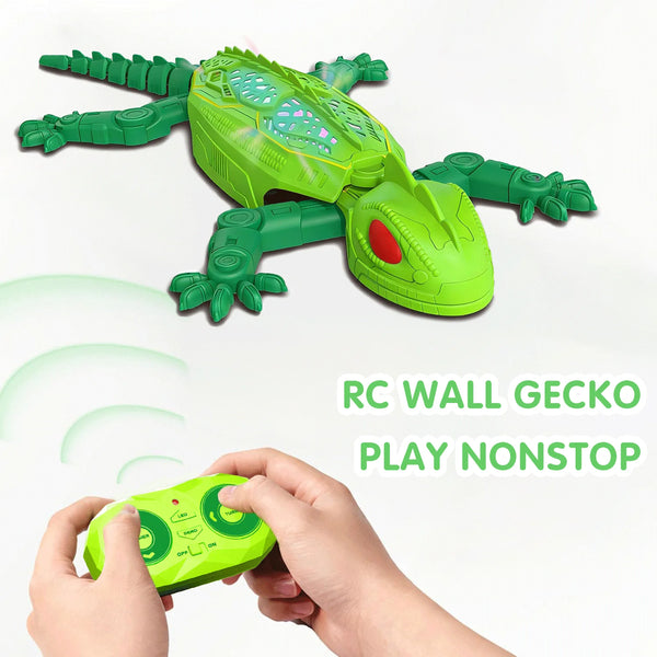 A green RC wall gecko toy is shown with a hand operating the remote control.