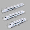 A white electric high-speed railway train toy model shown in various lengths and configurations.