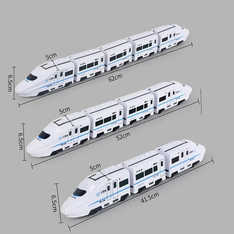 A white electric high-speed railway train toy model shown in various lengths and configurations.