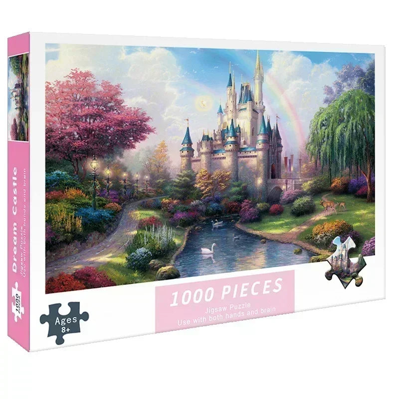 A 1000-piece jigsaw puzzle depicting a fairytale castle and lush garden scenery.