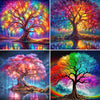 A vibrant diamond painting kit featuring a scenic tree landscape with colorful foliage and roots.