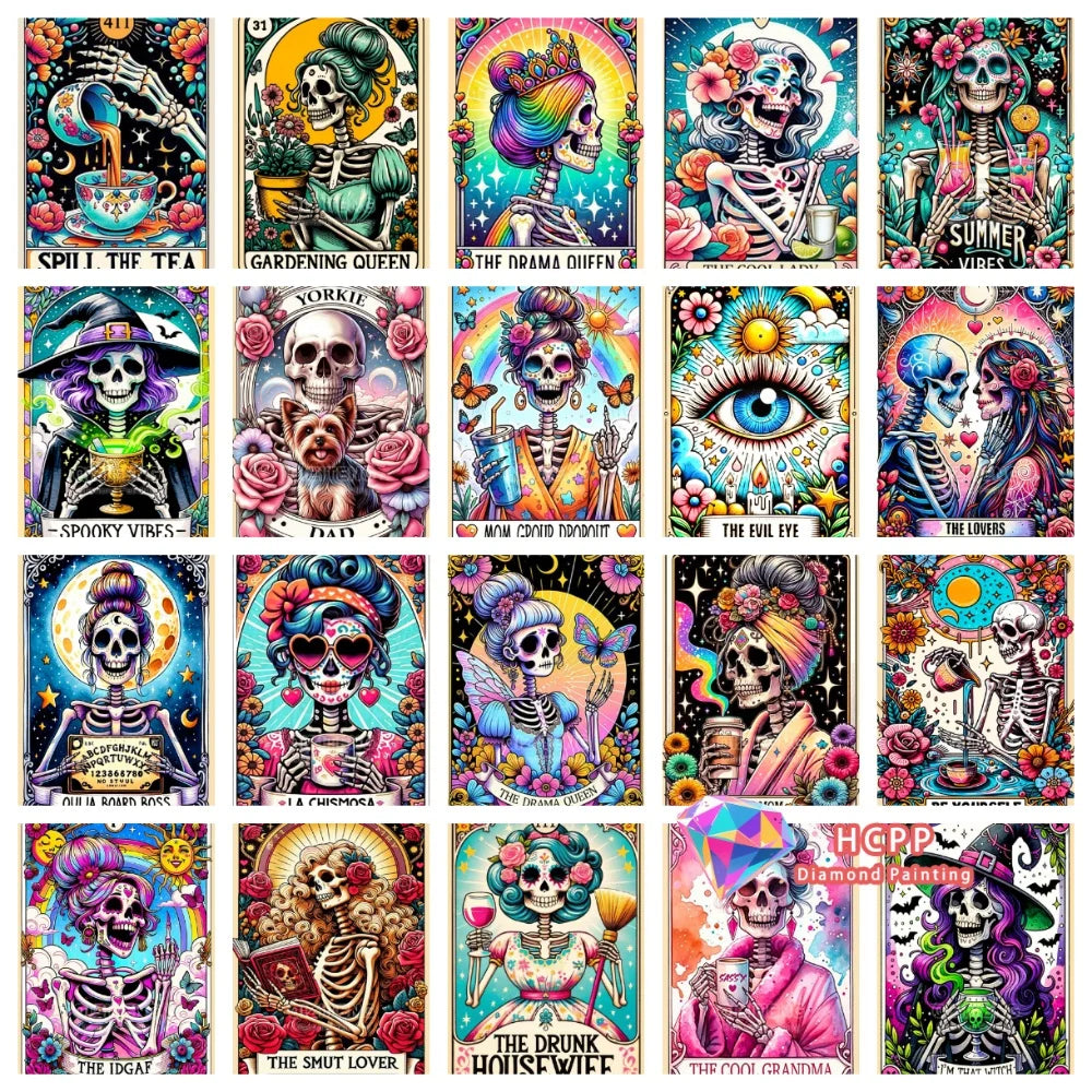 A collection of 12 diamond painting kits featuring various tarot and skull designs.