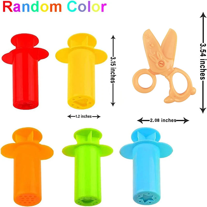 A set of 12 play dough tools including extruders, cutters, and rollers in various colors like red, yellow, orange, green, and