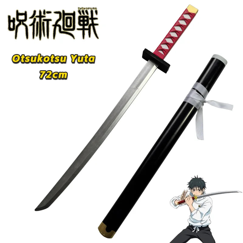 A long, black katana prop with a red handle and silver blade is shown next to an illustration of a person wielding it.
