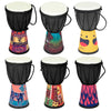 Four colorful hand drums in traditional djembe style with black bodies and decorative bases.
